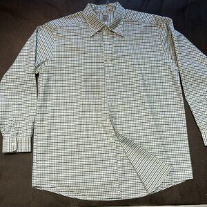 LL BEAN Men's 17 - 34 Shirt Long Sleeve White w/ Green Stripes Wrinkle Resistant